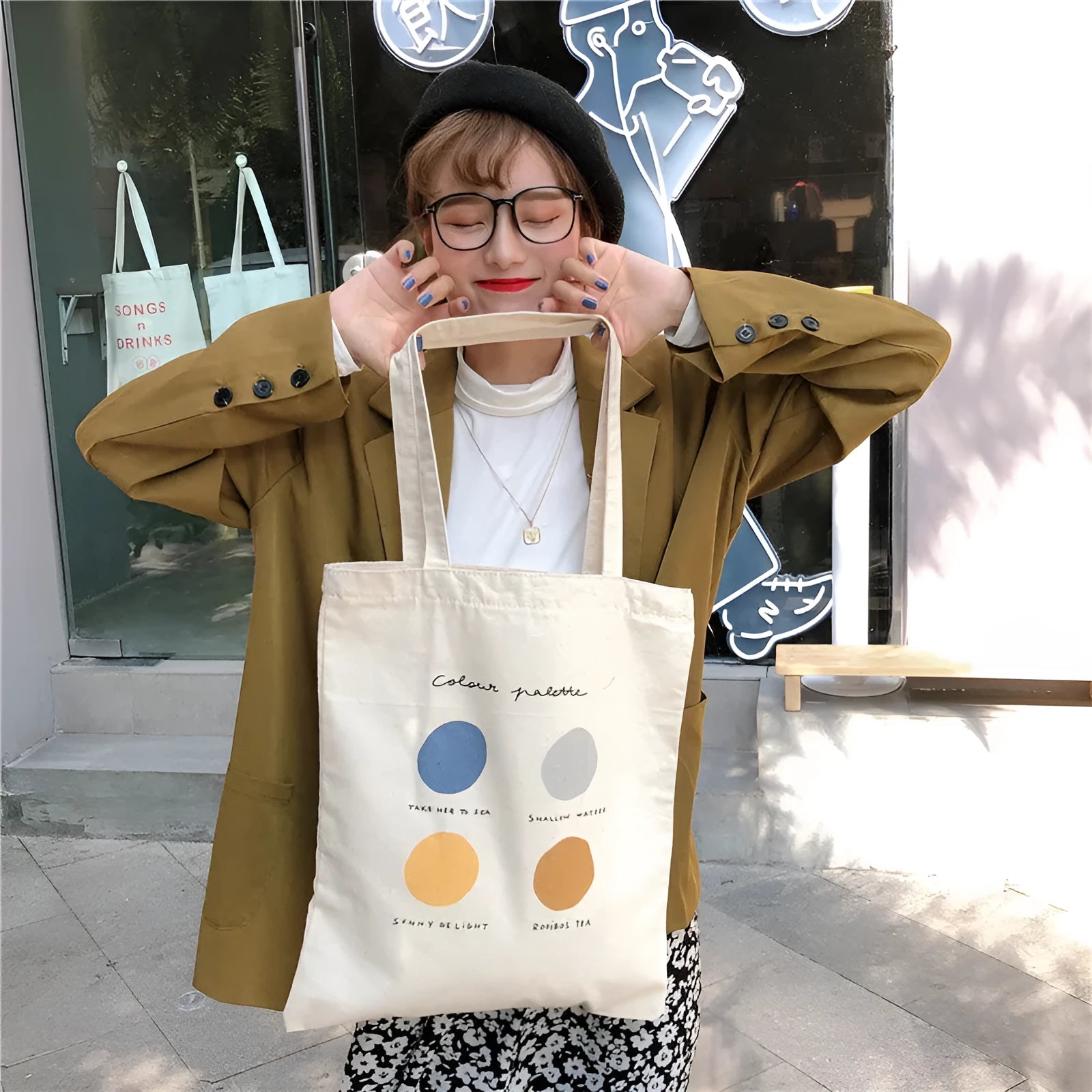 Women's geometric pattern canvas tote shopper bag with cotton lining and shoulder straps
