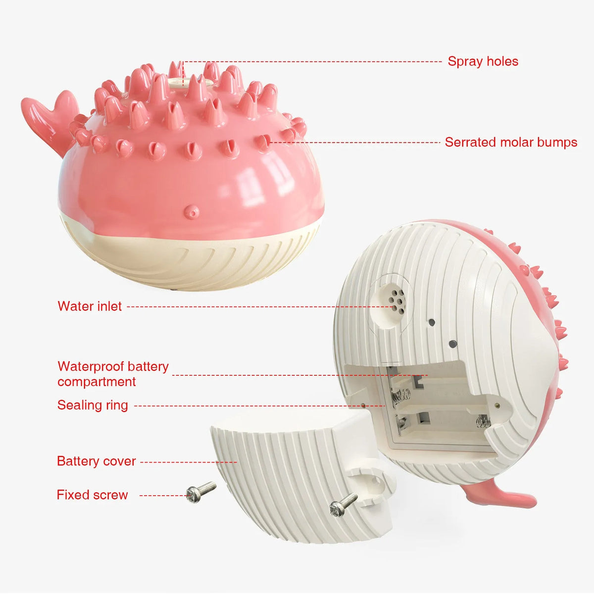 Electric floating dog toy with water spray and molar bumps, made of ABS and TPR, in yellow