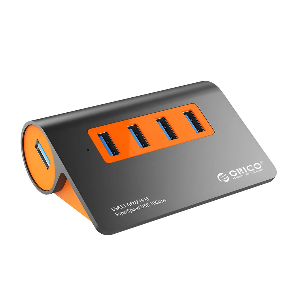 Dark grey USB-C laptop hub with four USB 3.1 ports and orange accents beside its separate 100cm cable