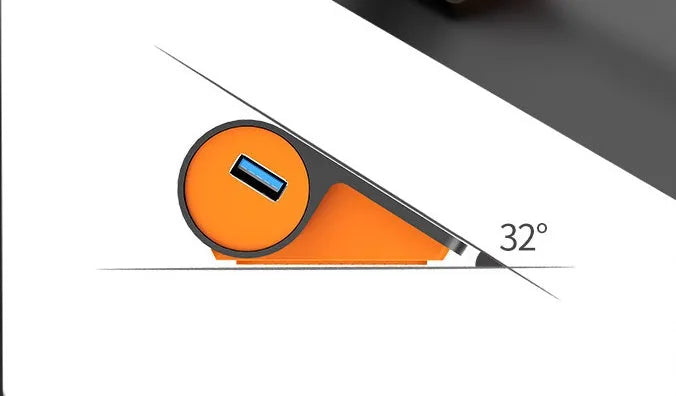 Dark grey USB-C laptop hub with four USB 3.1 ports and orange accents beside its separate 100cm cable