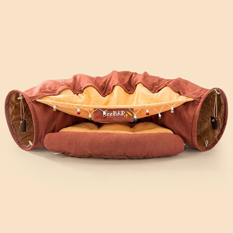 Collapsible cloth cat tunnel in bar, coffee, matcha, or pink colour, showing its 45cm length.