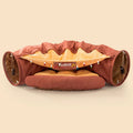 Collapsible cloth cat tunnel in bar, coffee, matcha, or pink colour, showing its 45cm length.