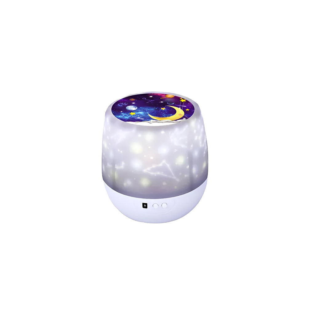 Projector night light projecting rotating starry sky patterns onto bedroom ceiling