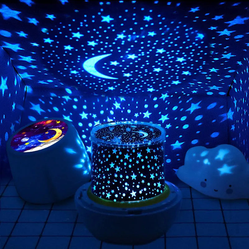 Projector night light projecting rotating starry sky patterns onto bedroom ceiling