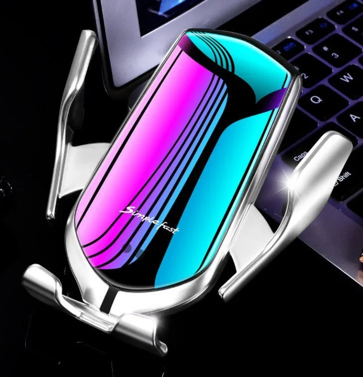 Magic Clip R1 automatic car phone holder with wireless charging in gold or silver mounted in vehicle