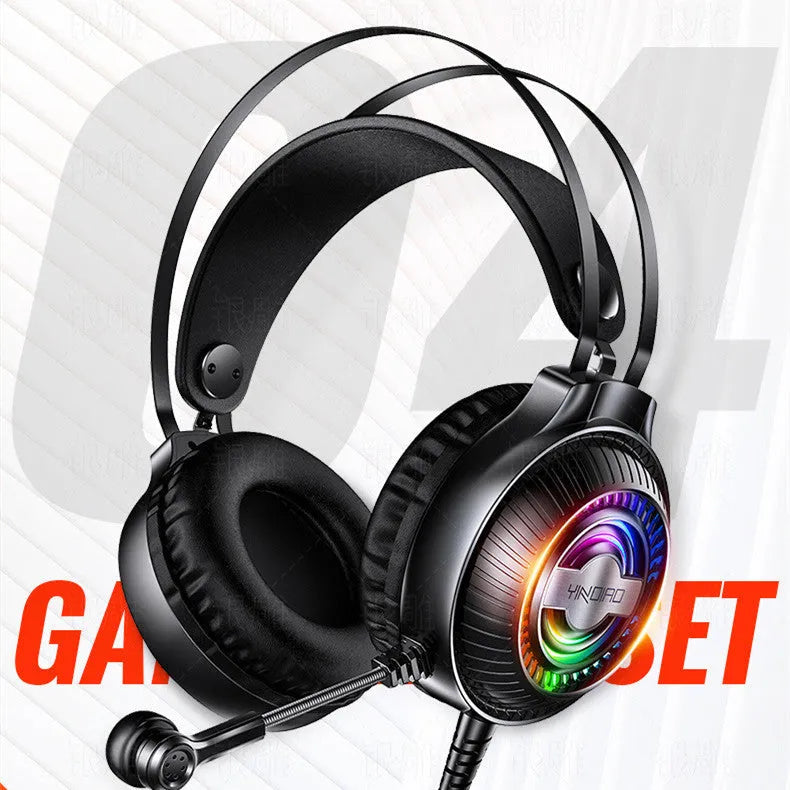 Black and white wired over-ear PC headset with microphone and long cable.