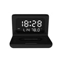 White wireless charger alarm clock showing time, date, temperature and humidity on digital display