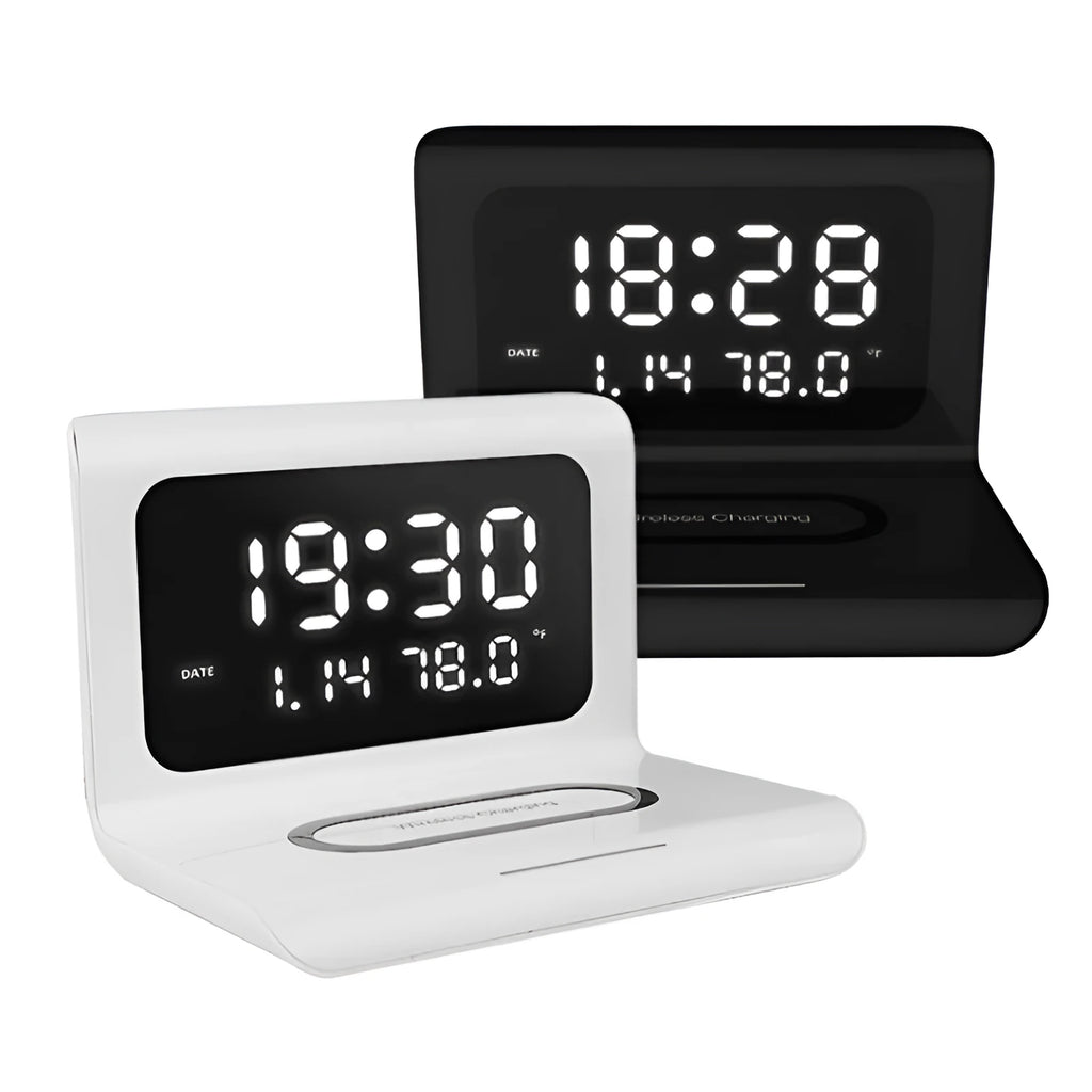 White wireless charger alarm clock showing time, date, temperature and humidity on digital display