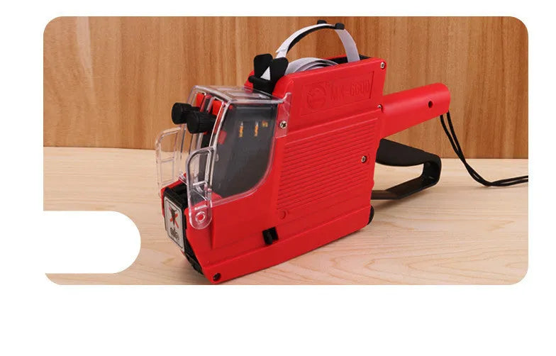 Manual price coding label printer in blue, red, or yellow with ink roller and paper