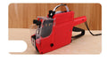Manual price coding label printer in blue, red, or yellow with ink roller and paper