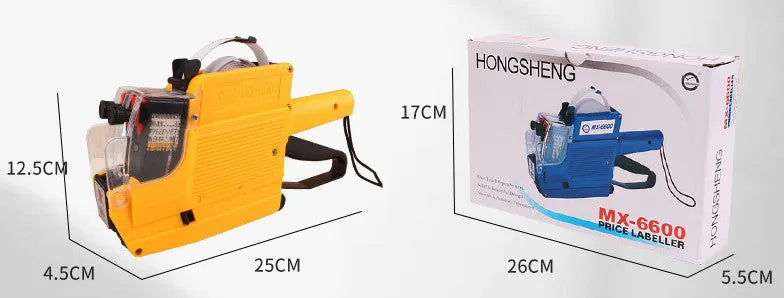 Manual price coding label printer in blue, red, or yellow with ink roller and paper