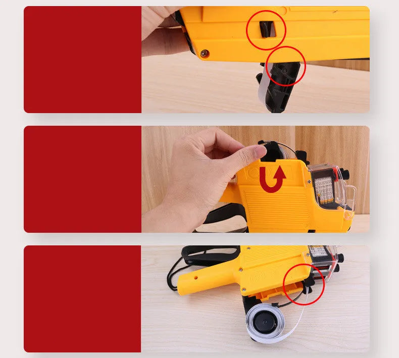 Manual price coding label printer in blue, red, or yellow with ink roller and paper