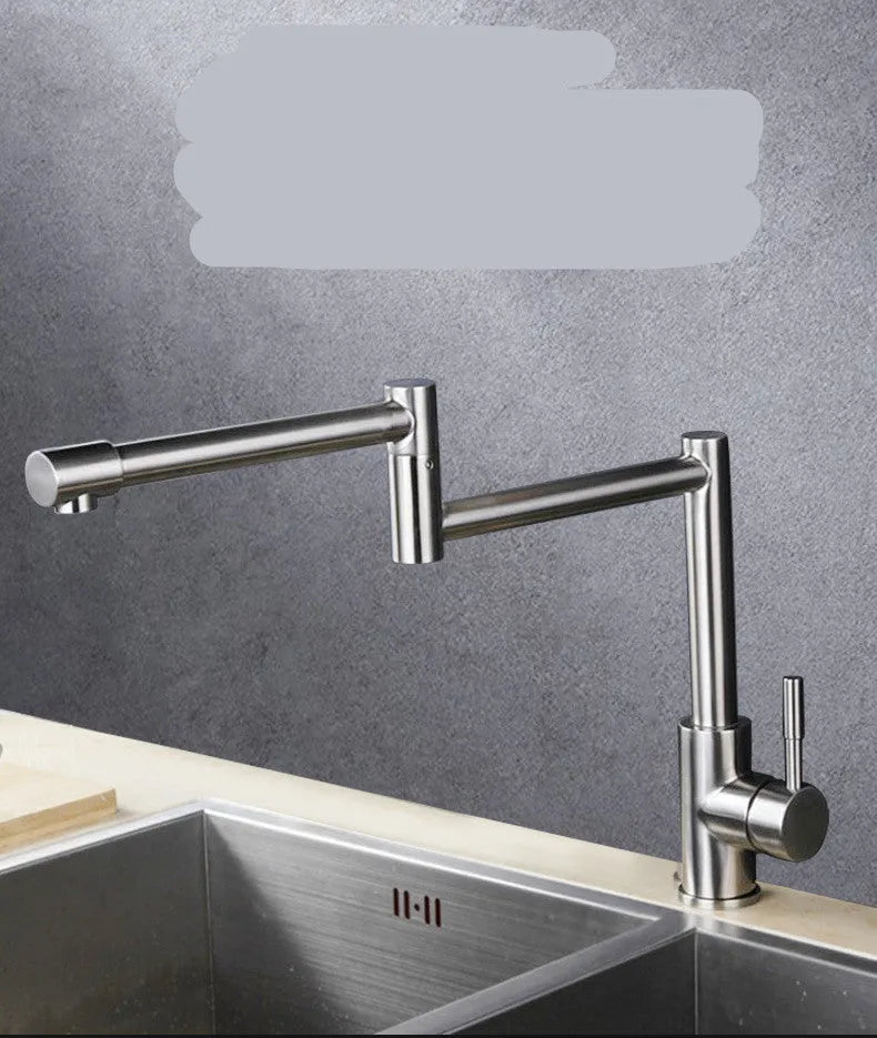 Silver stainless steel kitchen faucet with dual handles and 360-degree rotating spout