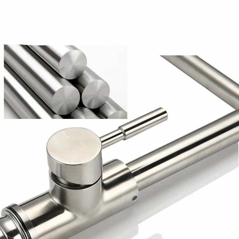 Silver stainless steel kitchen faucet with dual handles and 360-degree rotating spout