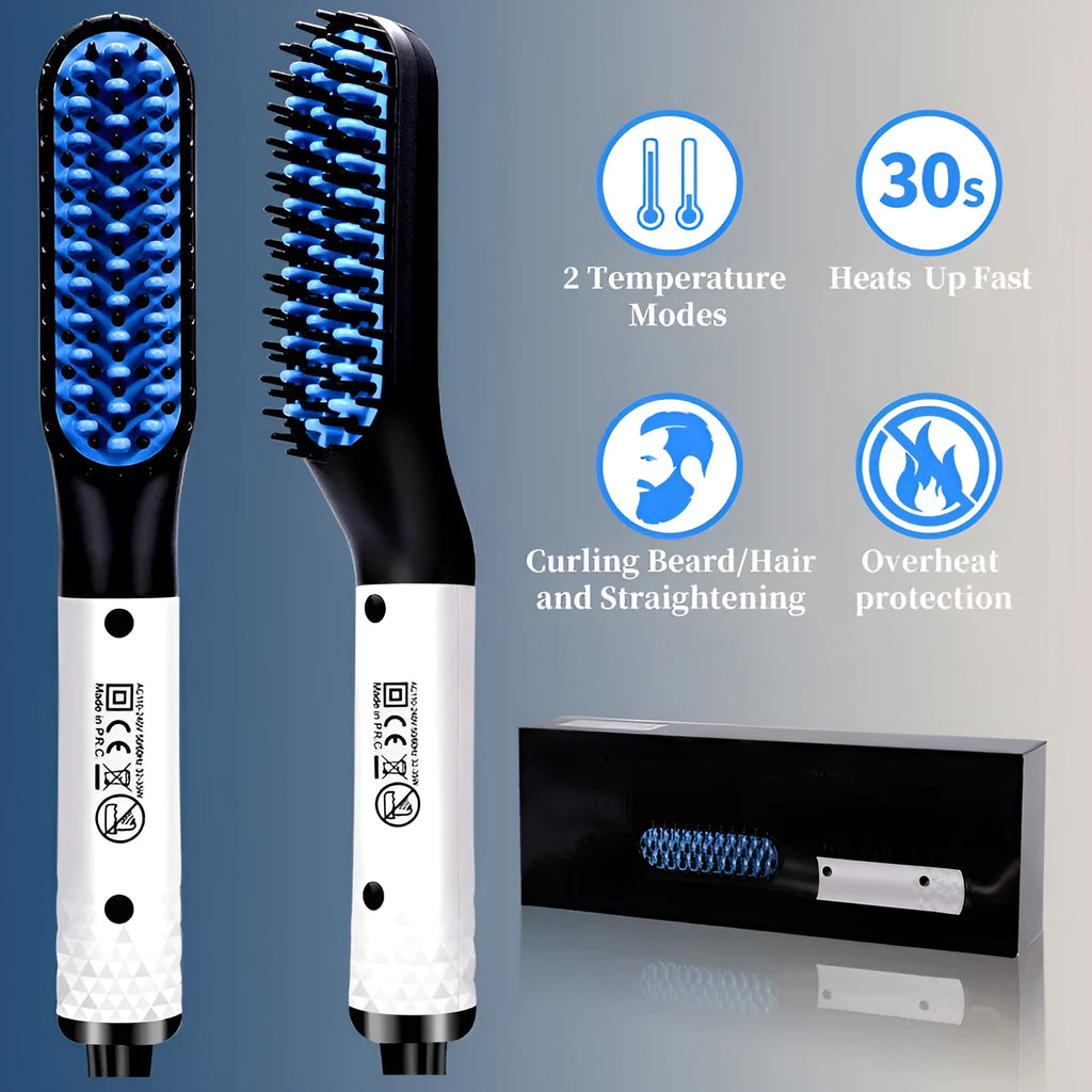Electric beard straightener hot comb in gold or white with ceramic teeth and MCH heating, 28.5cm box