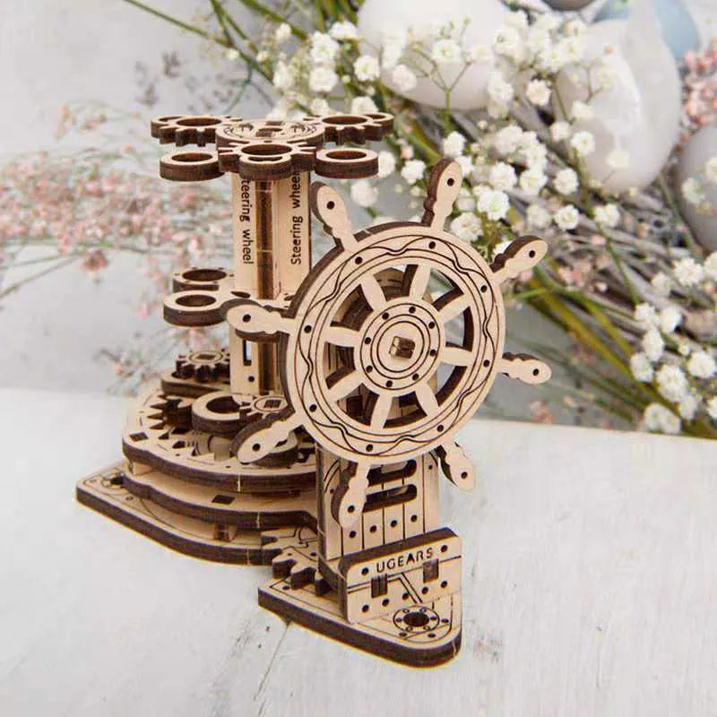Ukrainian wooden rotating pen holder with steering wheel mechanism on wooden base