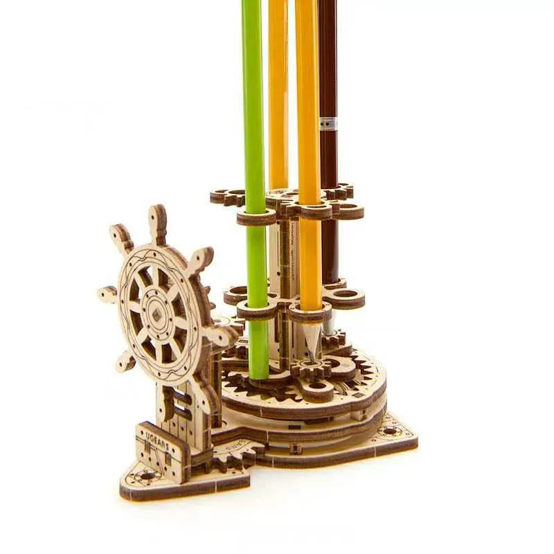 Ukrainian wooden rotating pen holder with steering wheel mechanism on wooden base