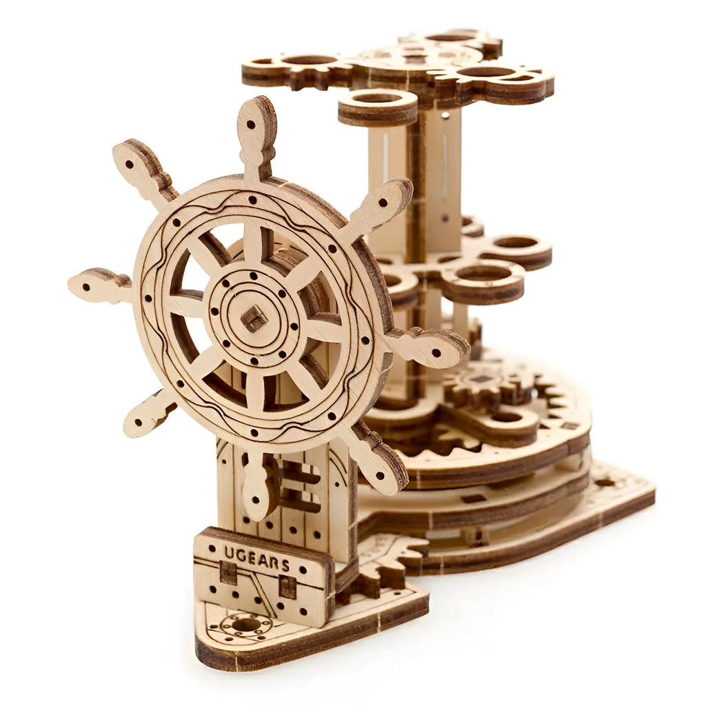 Ukrainian wooden rotating pen holder with steering wheel mechanism on wooden base