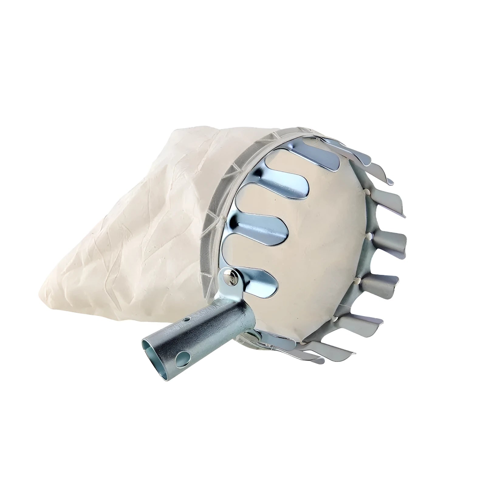 Steel and cloth fruit picker with catcher bag for harvesting citrus, pears, and peaches.