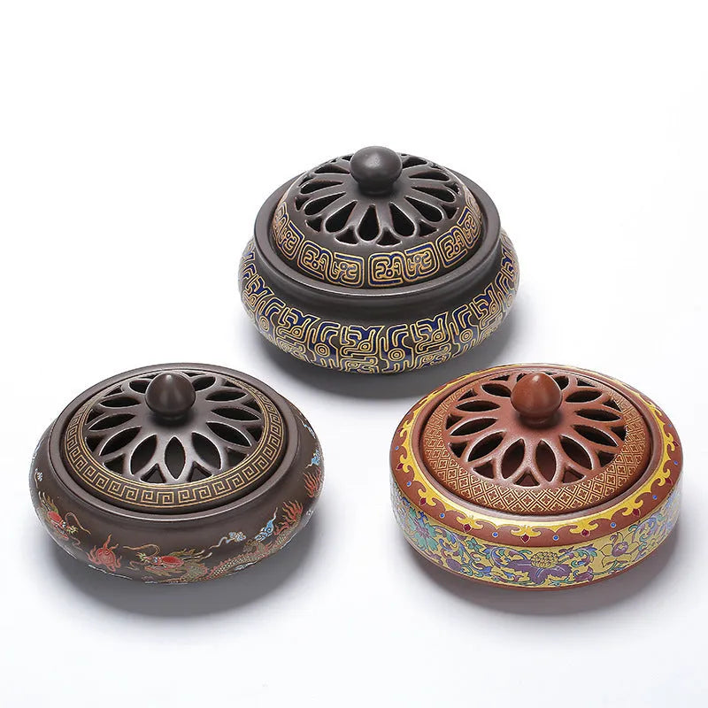 Handmade ceramic cloisonne incense burner with backward incense channel and enamel finish, classic style