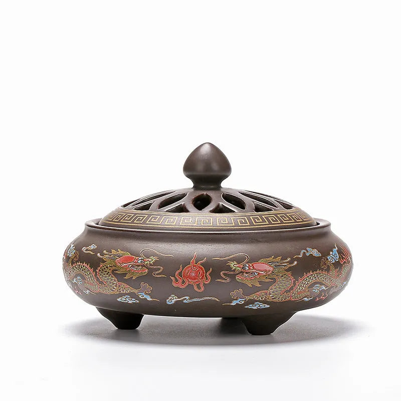 Handmade ceramic cloisonne incense burner with backward incense channel and enamel finish, classic style