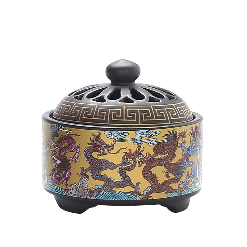 Handmade ceramic cloisonne incense burner with backward incense channel and enamel finish, classic style