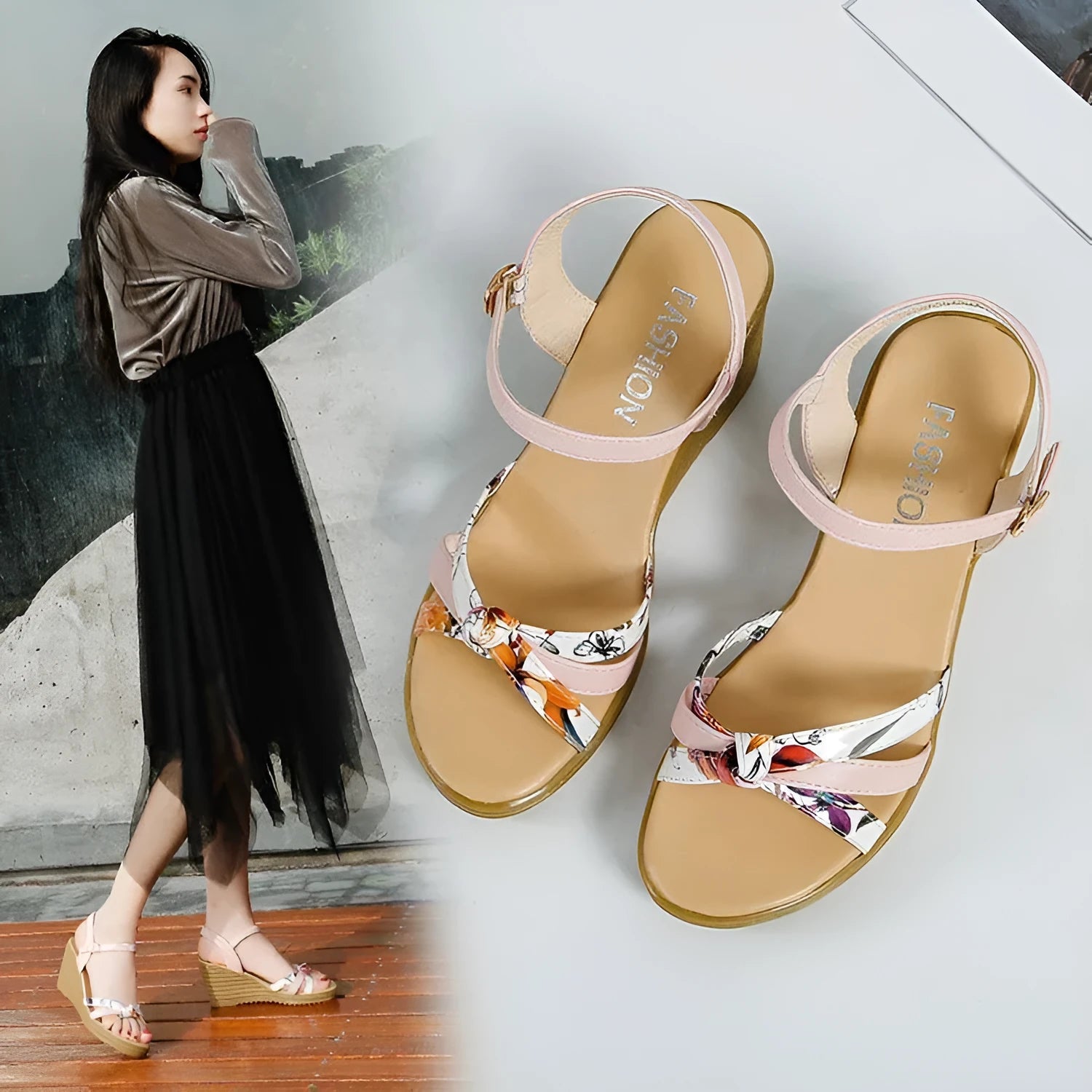 Women's pink wedge sandals with a thick heel, fish mouth toe, and an adjustable buckle strap.