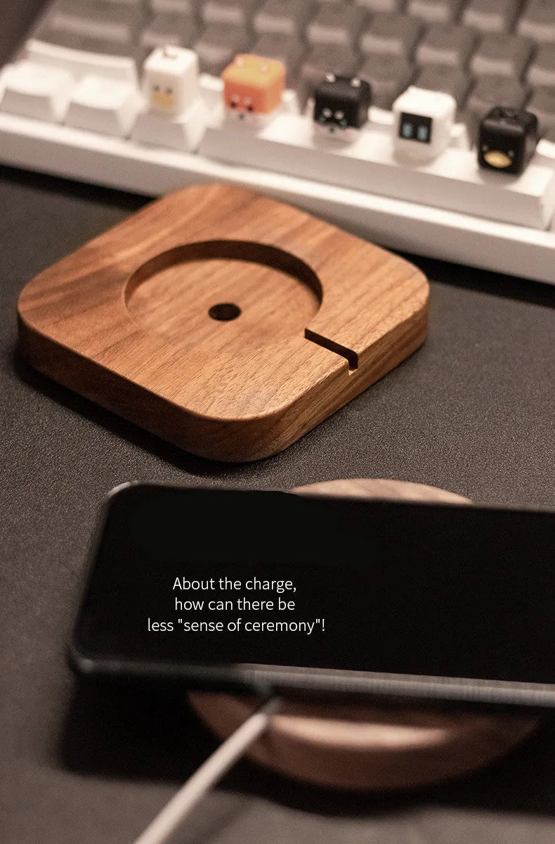 Solid walnut wood magnetic wireless charger base with MagSafe bracket for iPhone desktop charging