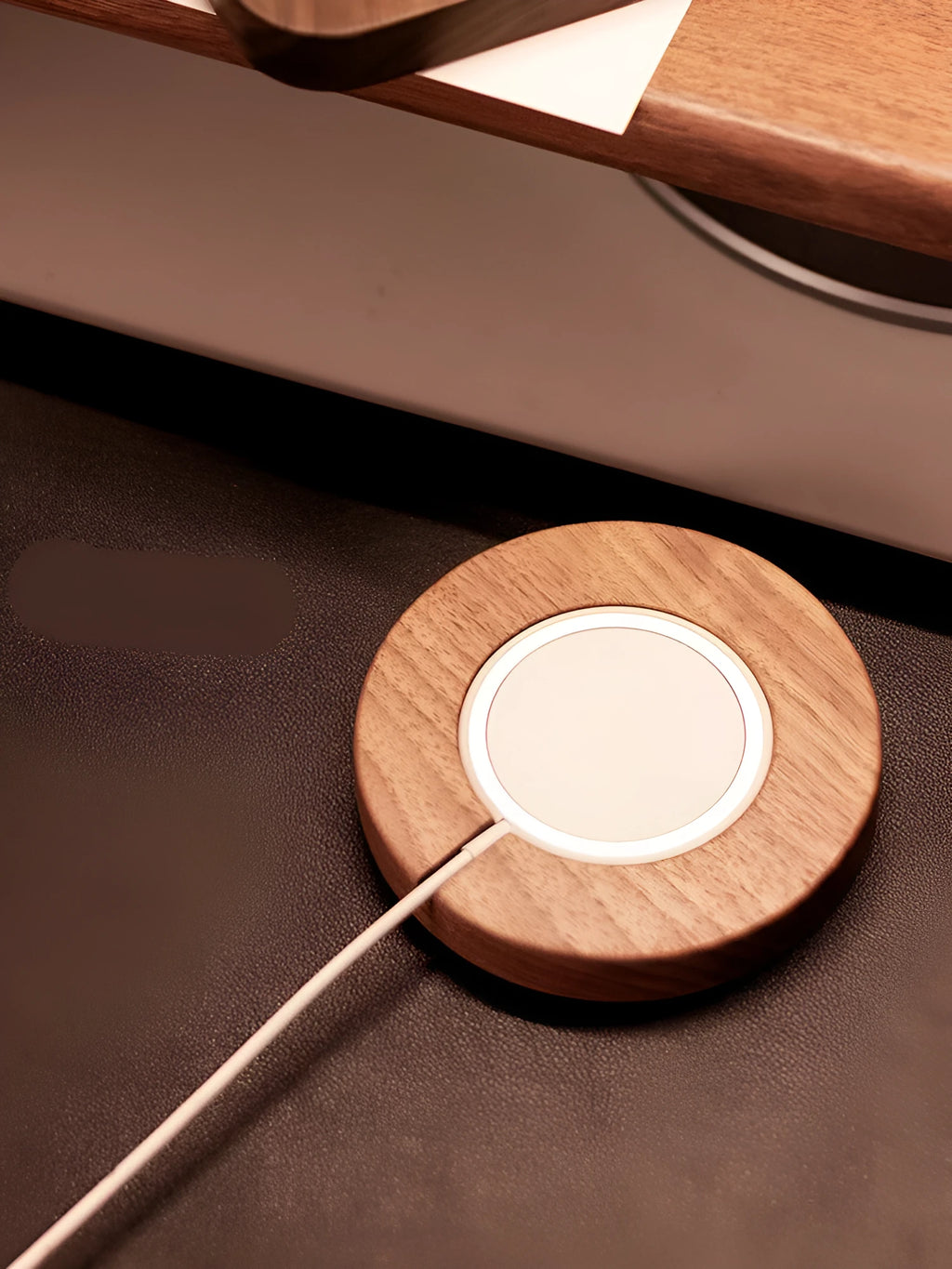 Solid walnut wood magnetic wireless charger base with MagSafe bracket for iPhone desktop charging