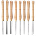 8-piece woodworking turning tool set mounted in wooden storage box for lathe and handheld applications