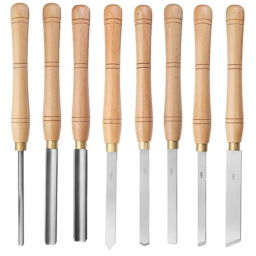 8-piece woodworking turning tool set mounted in wooden storage box for lathe and handheld applications