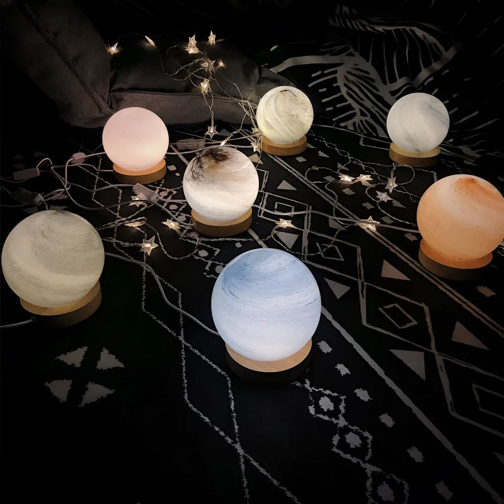 Nordic style bedside table lamp with glass shade in one of seven colour options and USB power cable