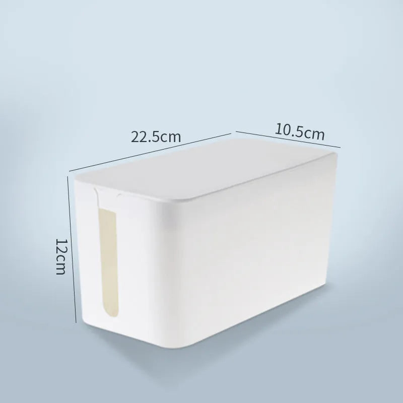 Plastic cable storage box in Bamboo, Black or White for power strips, chargers and desktop cable organisation