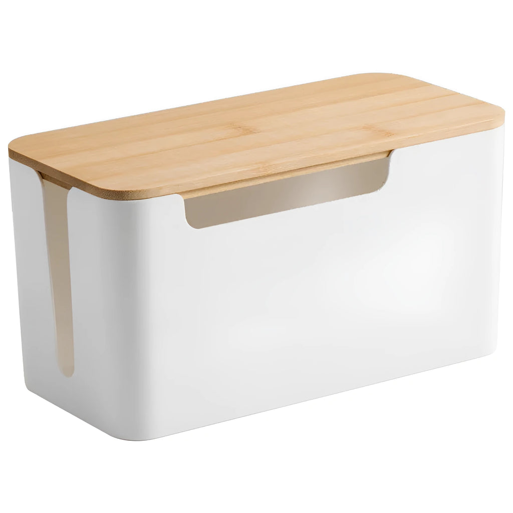 Plastic cable storage box in Bamboo, Black or White for power strips, chargers and desktop cable organisation