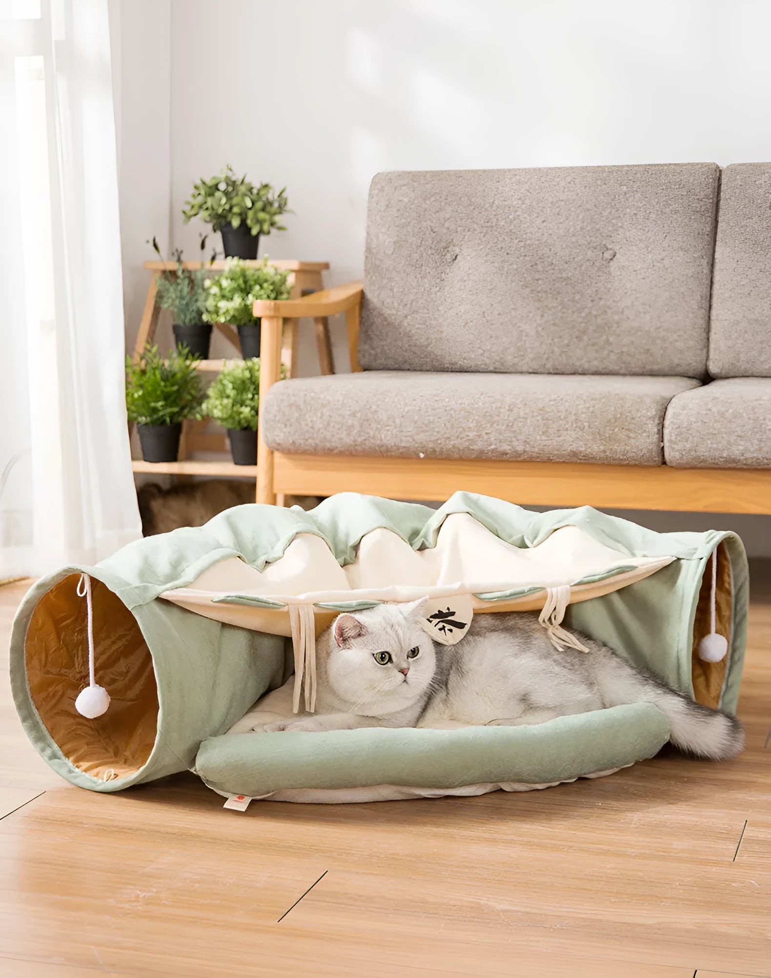 Collapsible cloth cat tunnel in bar, coffee, matcha, or pink colour, showing its 45cm length.