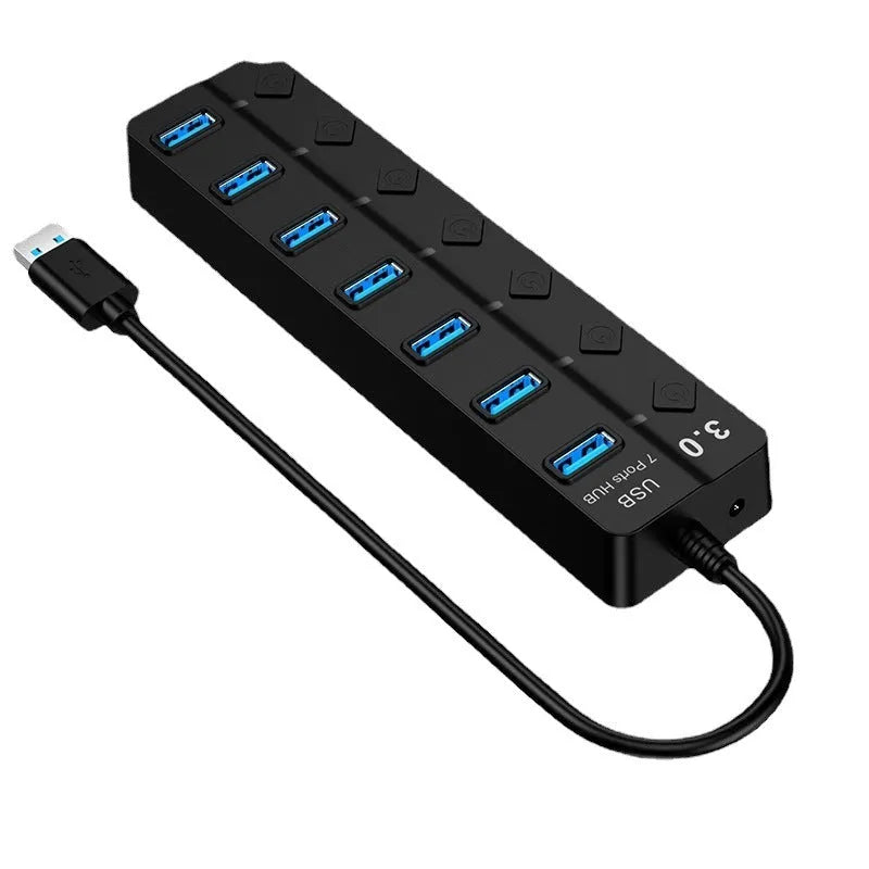 Black 7-port USB 3.0 hub with external power supply adapter for PC and laptop expansion
