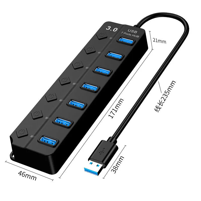 Black 7-port USB 3.0 hub with external power supply adapter for PC and laptop expansion