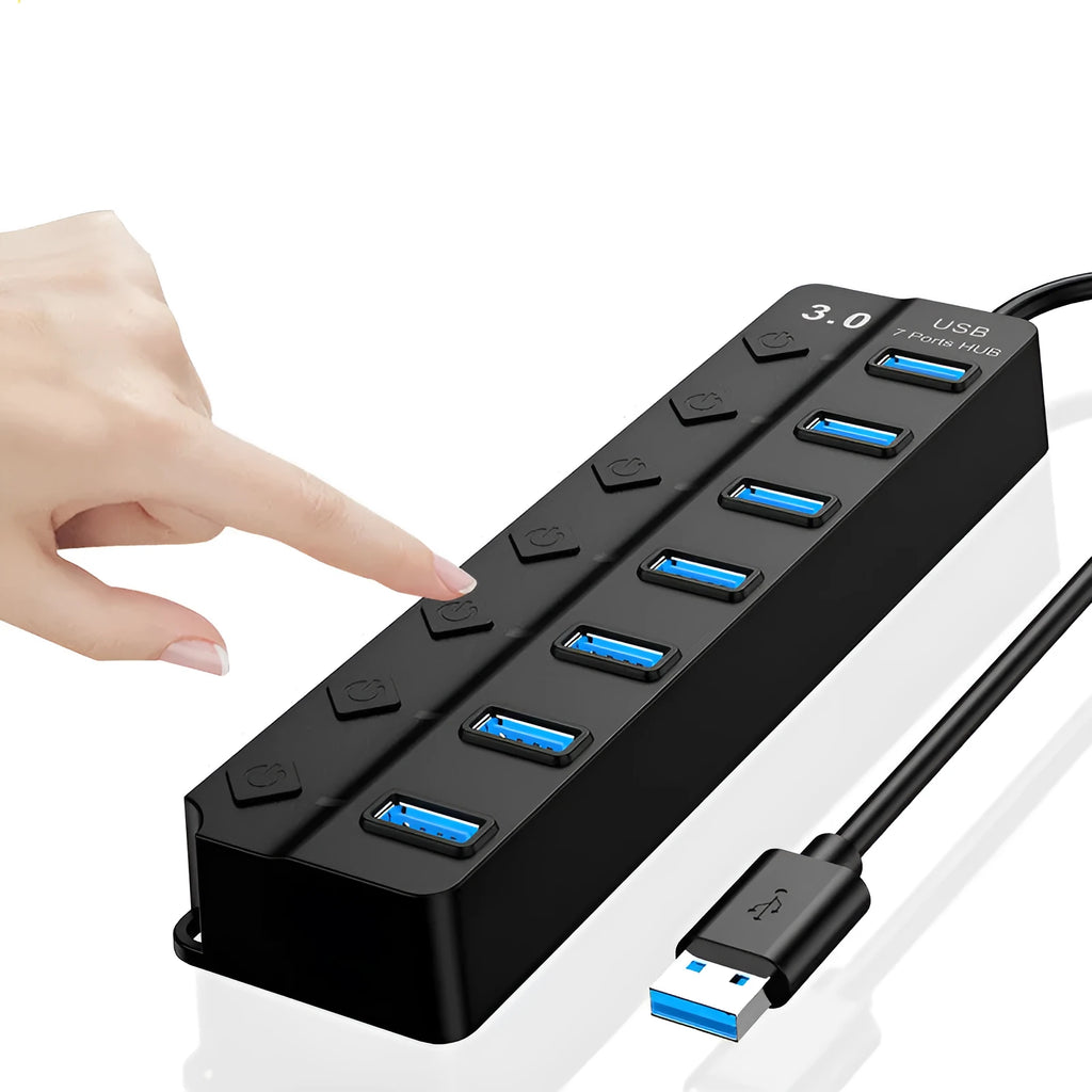Black 7-port USB 3.0 hub with external power supply adapter for PC and laptop expansion