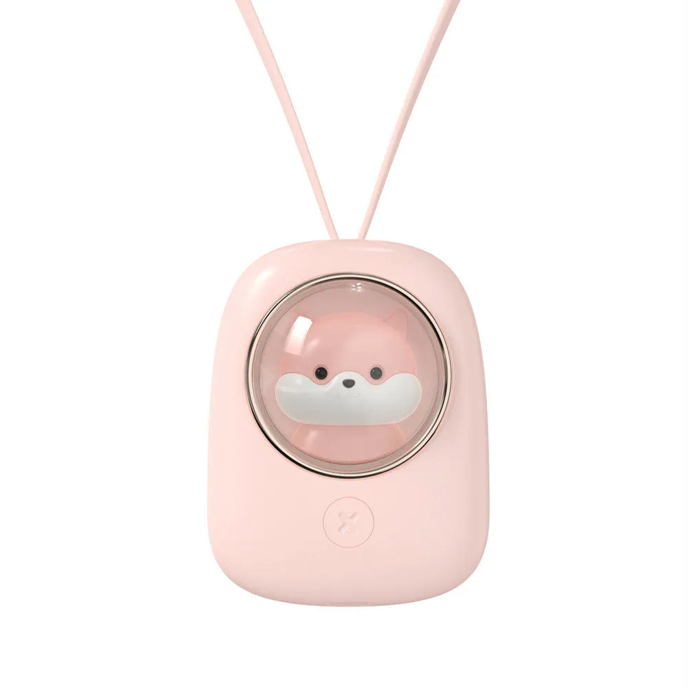 White handheld hanging neck fan with USB port and three speed buttons on a table.