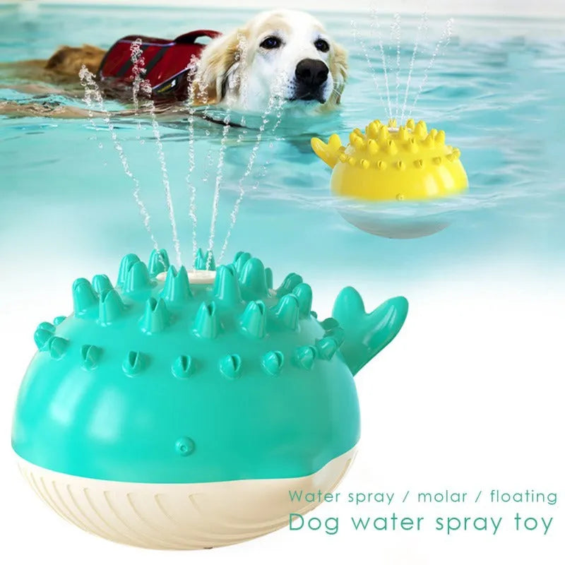 Electric floating dog toy with water spray and molar bumps, made of ABS and TPR, in yellow