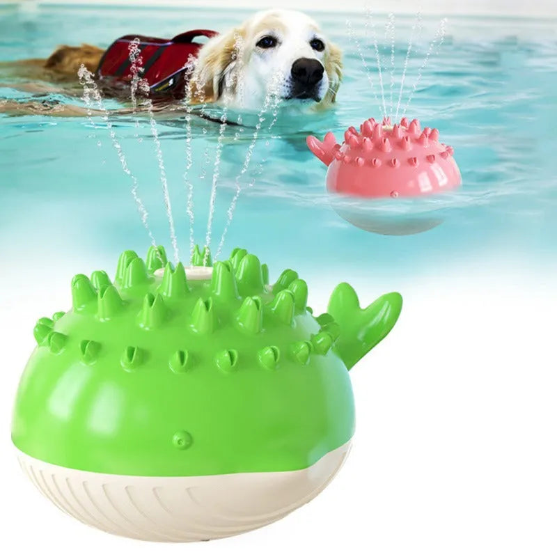 Electric floating dog toy with water spray and molar bumps, made of ABS and TPR, in yellow