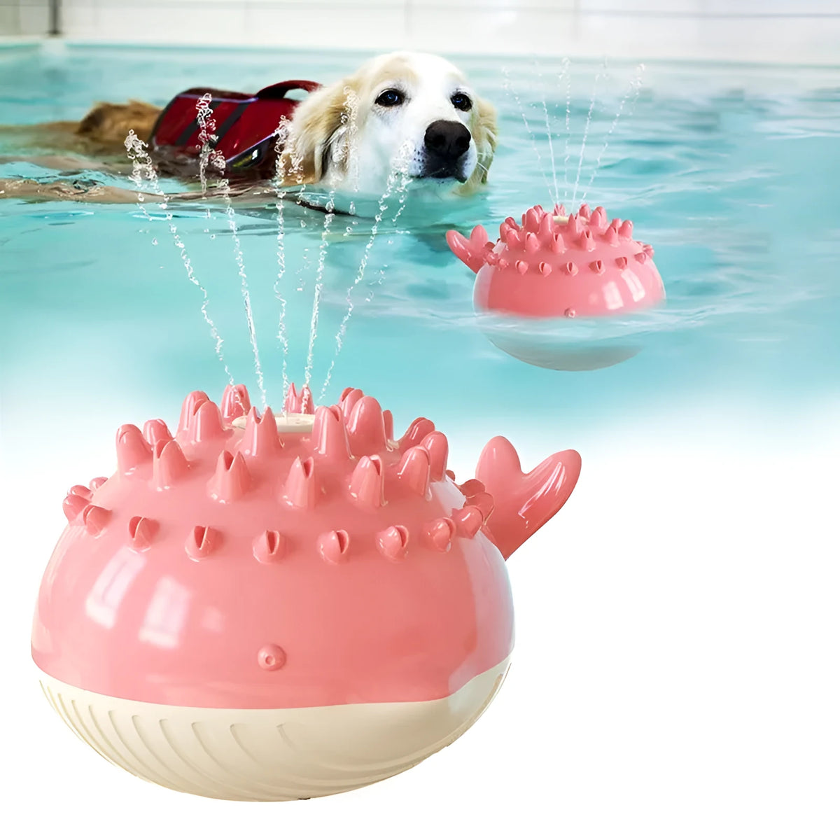 Electric floating dog toy with water spray and molar bumps, made of ABS and TPR, in yellow