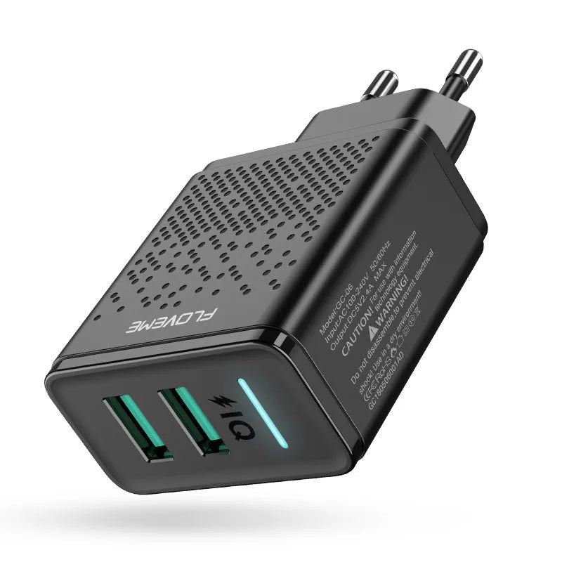 Fromi dual port USB charger with EU plug in black or white colour options