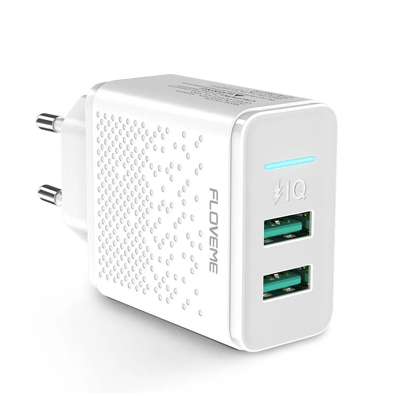 Fromi dual port USB charger with EU plug in black or white colour options
