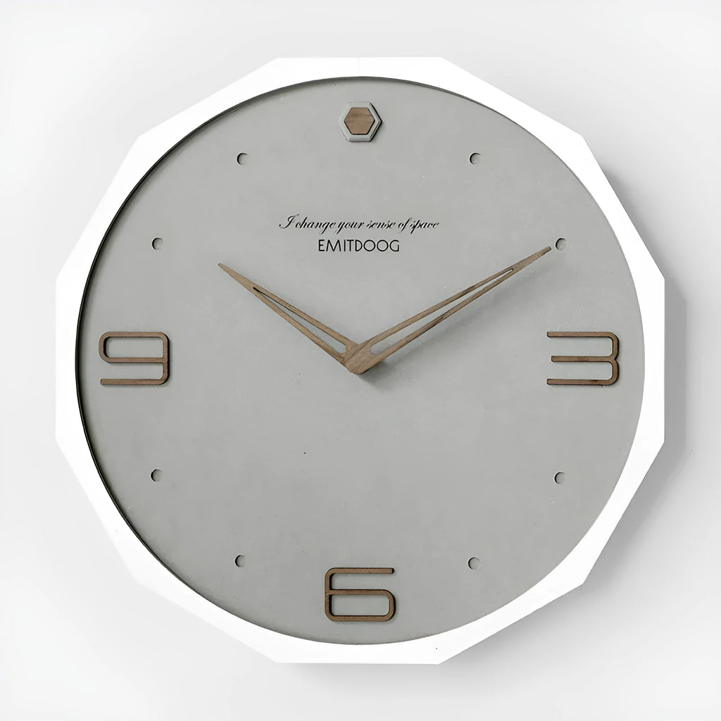 Round 12 inch Nordic minimalist wall clock with perforated Geralt design in four colour options