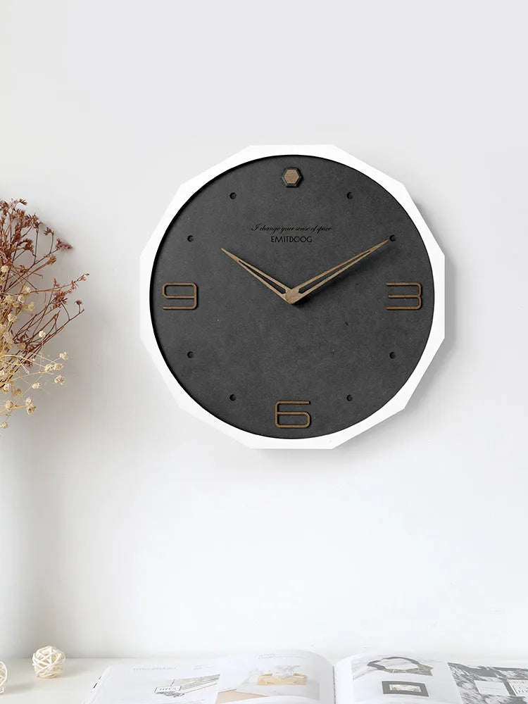 Round 12 inch Nordic minimalist wall clock with perforated Geralt design in four colour options