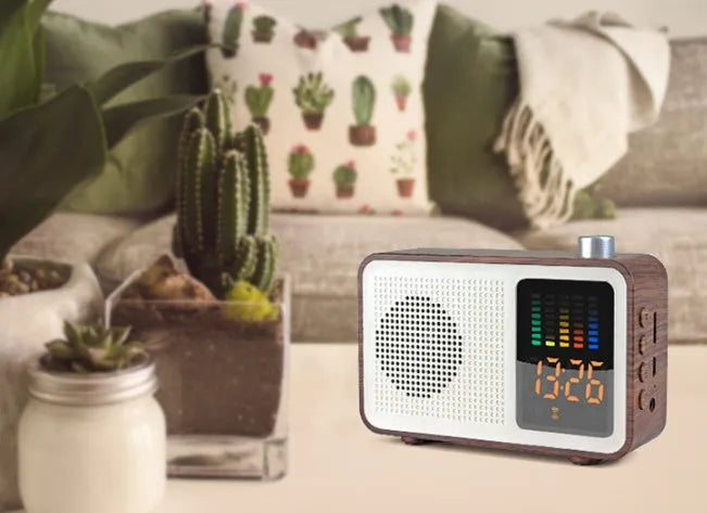 Brown retro wooden bluetooth radio speaker with FM functionality and carrying handle