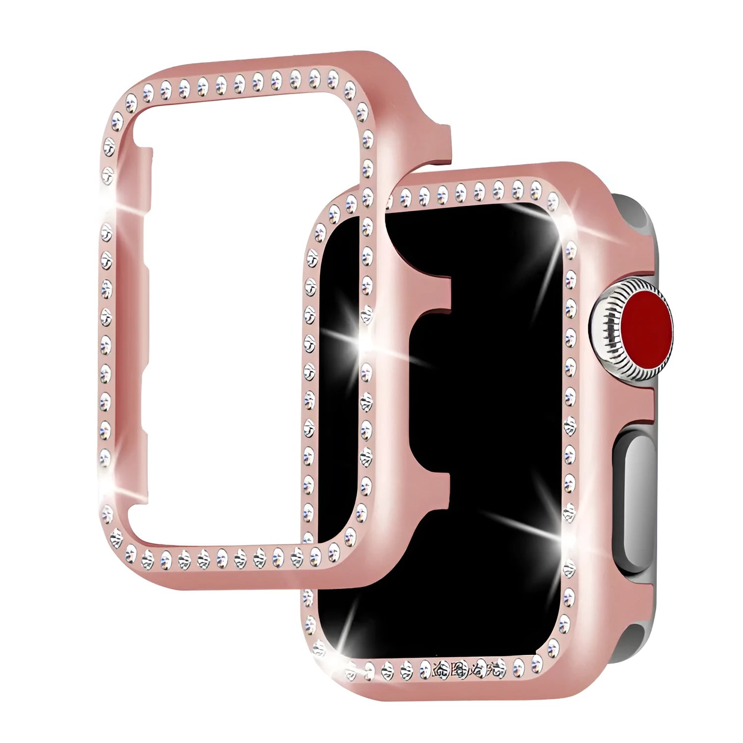 Aluminium alloy diamond frame protective case for Apple Watch in silver, black, rose gold, rose pink, or gold.