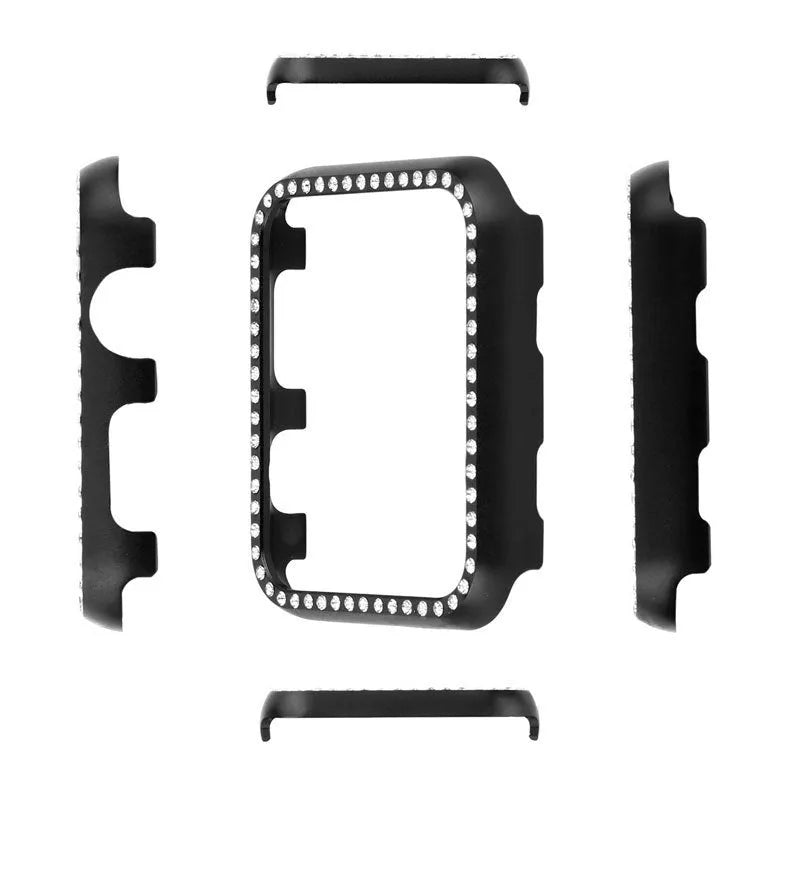 Aluminium alloy diamond frame protective case for Apple Watch in silver, black, rose gold, rose pink, or gold.