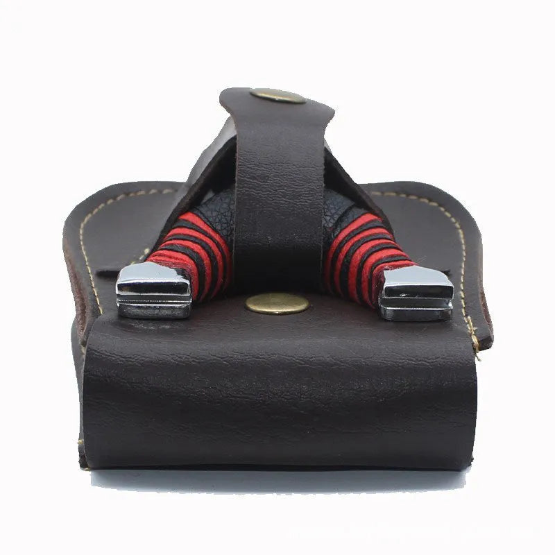 Leather slingshot belt bag in black or brown for holding steel balls and marbles outdoors